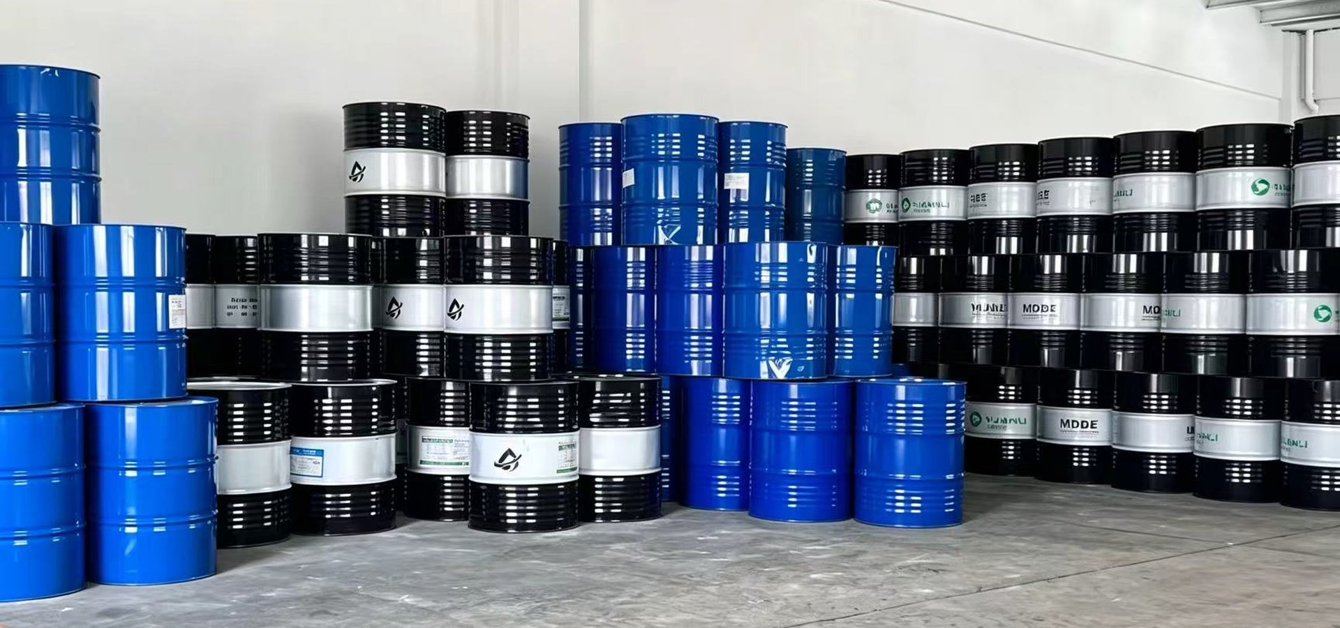 Class-A hazardous goods warehouse stocked with industrial solvent drums