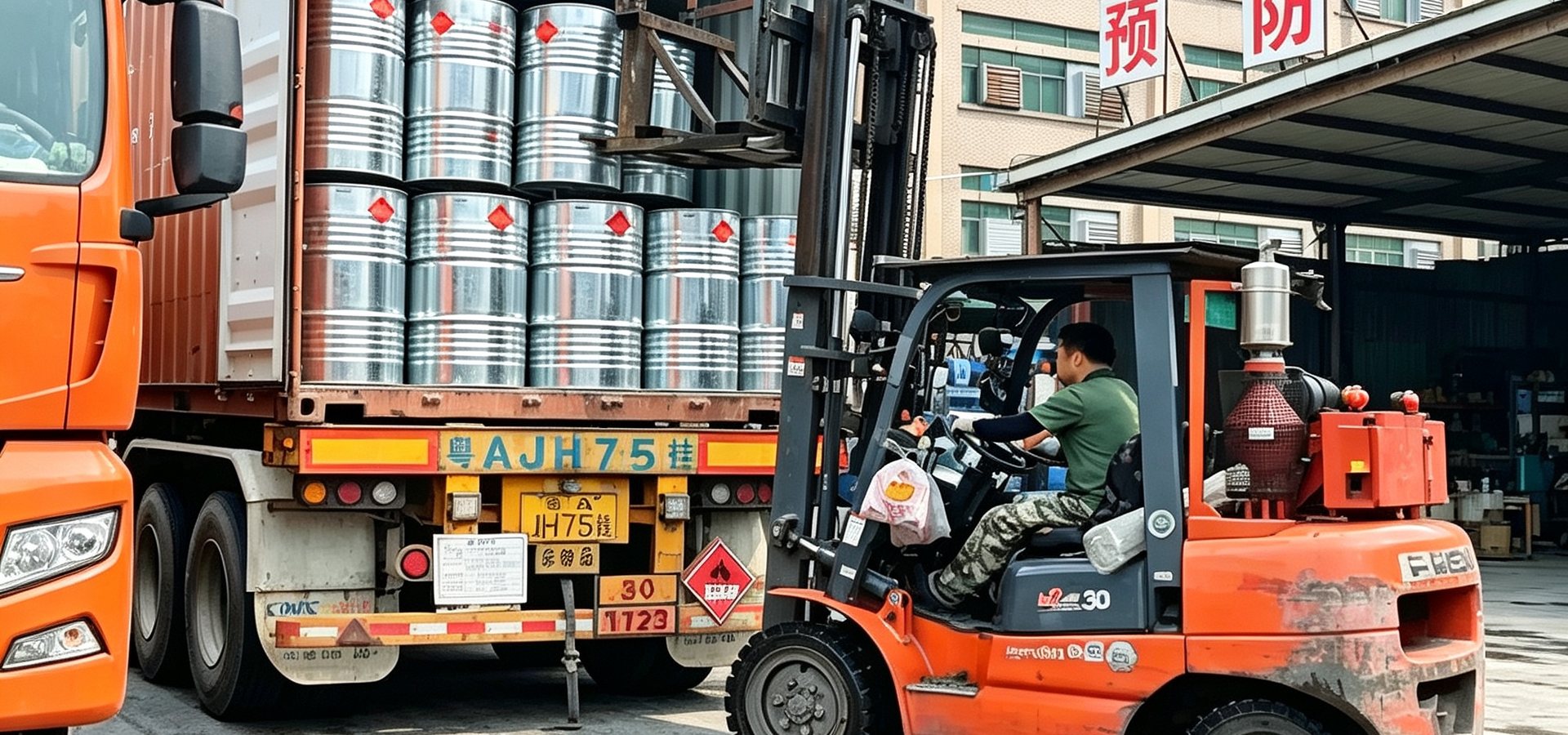 Steel drums being loaded into a container for overseas shipment