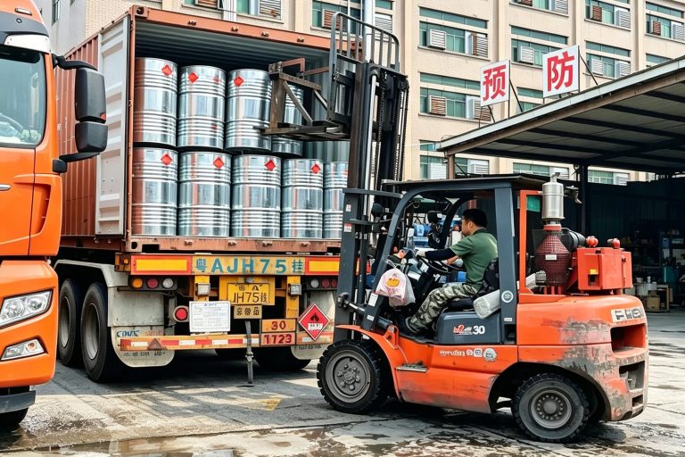 Loading solvent drums into a shipping container at Zhengxin Chemical