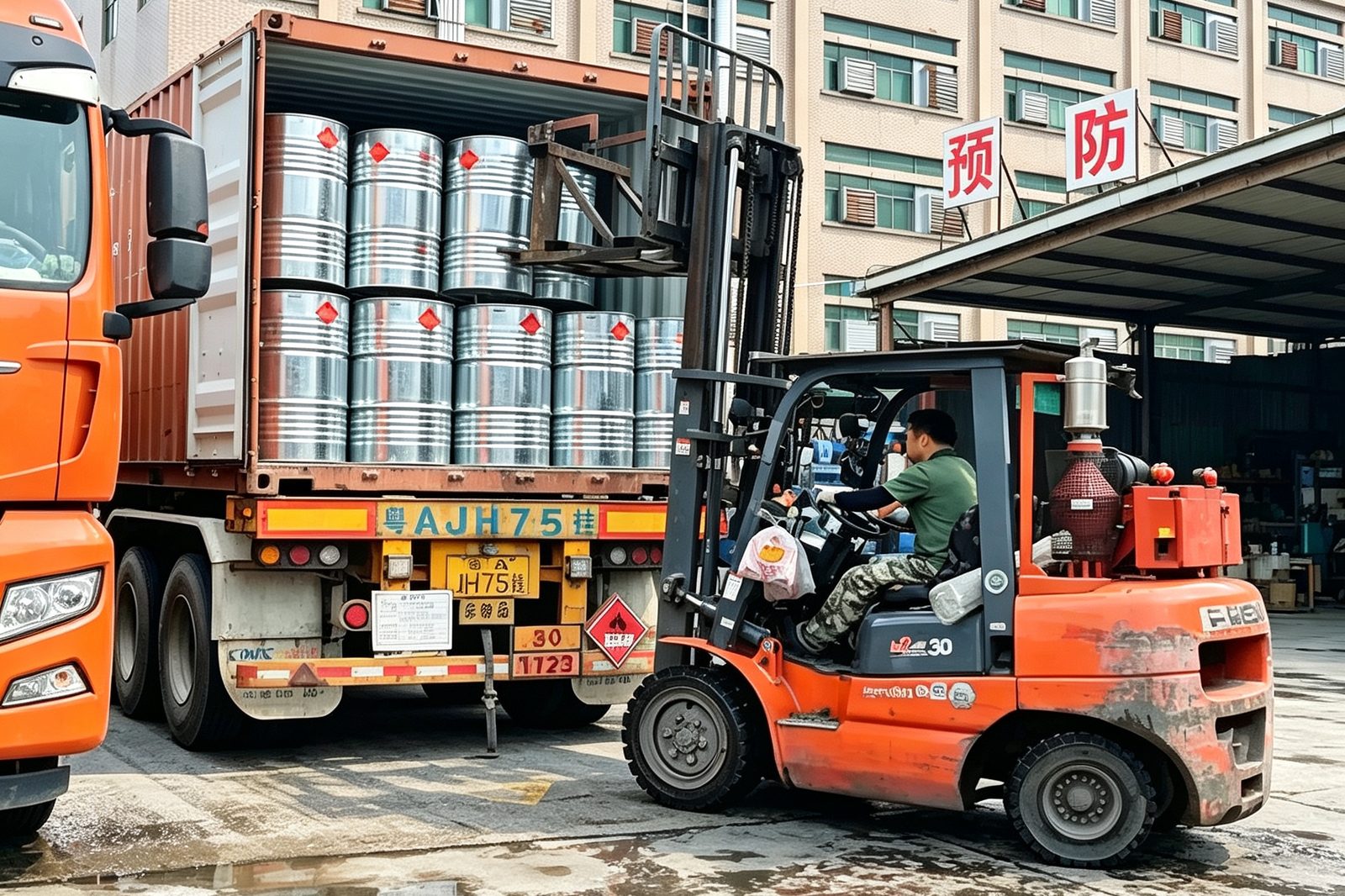 Loading solvent drums into a shipping container at Zhengxin Chemical