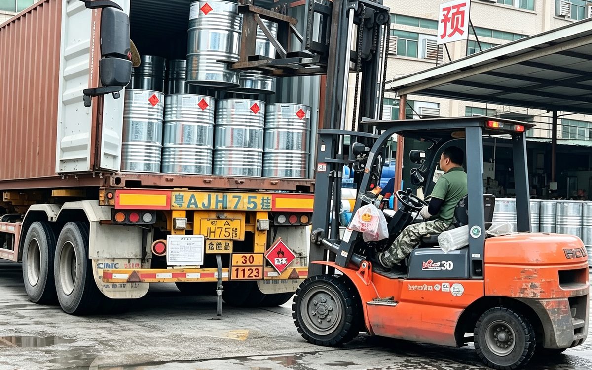 Container of industrial solvent drums ready for export