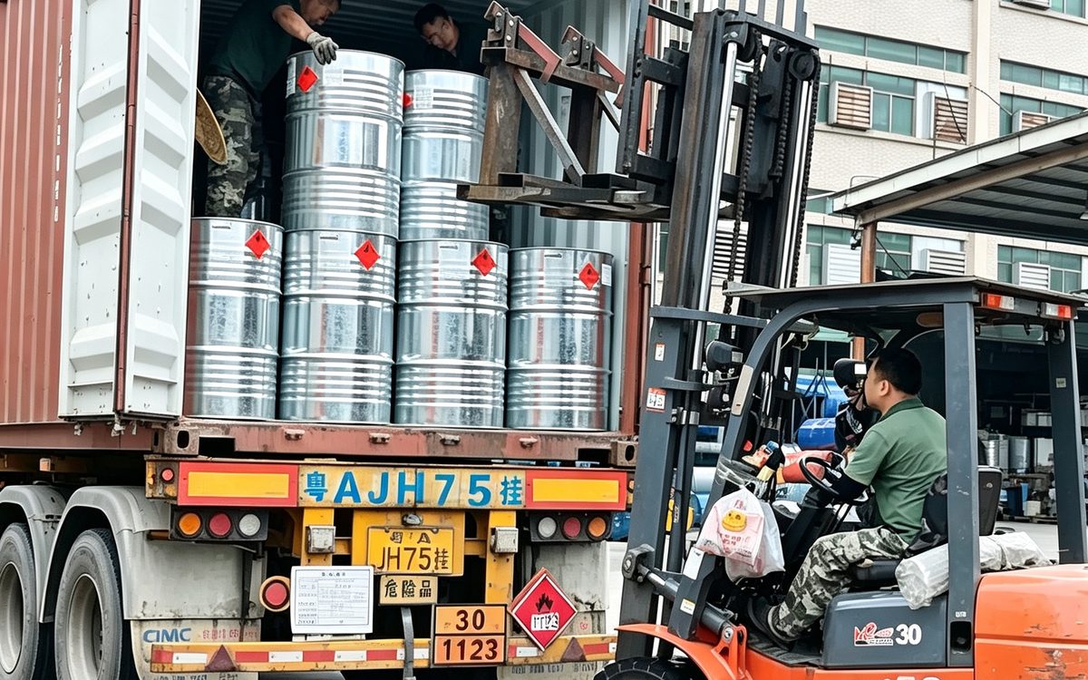 Forklift handling solvent drums in the Zhengxin Chemical warehouse